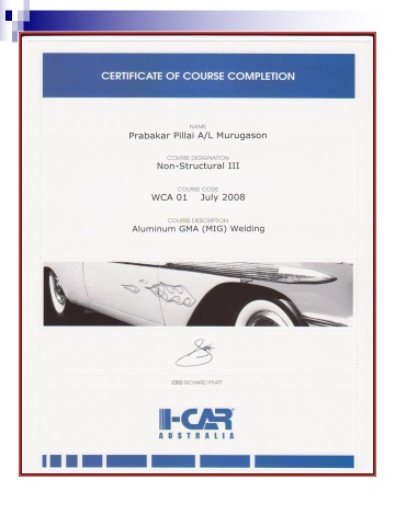 I-CAR Australia certificate of course completion, WCA 01 Aluminium GMA MIG Welding, 2008